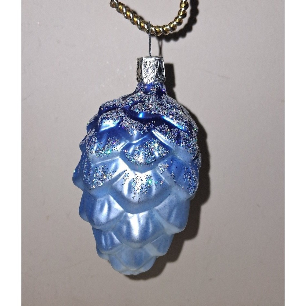 Vintage Inge-Glas Blue Pinecone Glass Christmas Ornament 4" Germany Glitter